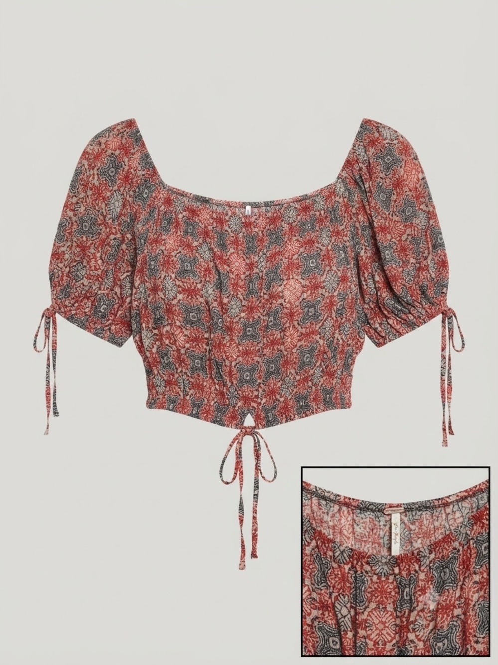 Free People Red Floral Smocked Crop Top with Tie Details